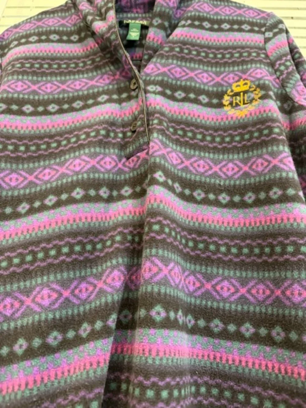 Ralph Lauren Purple Black Fleece Sleepshirt Tunic Nightgown Pockets.